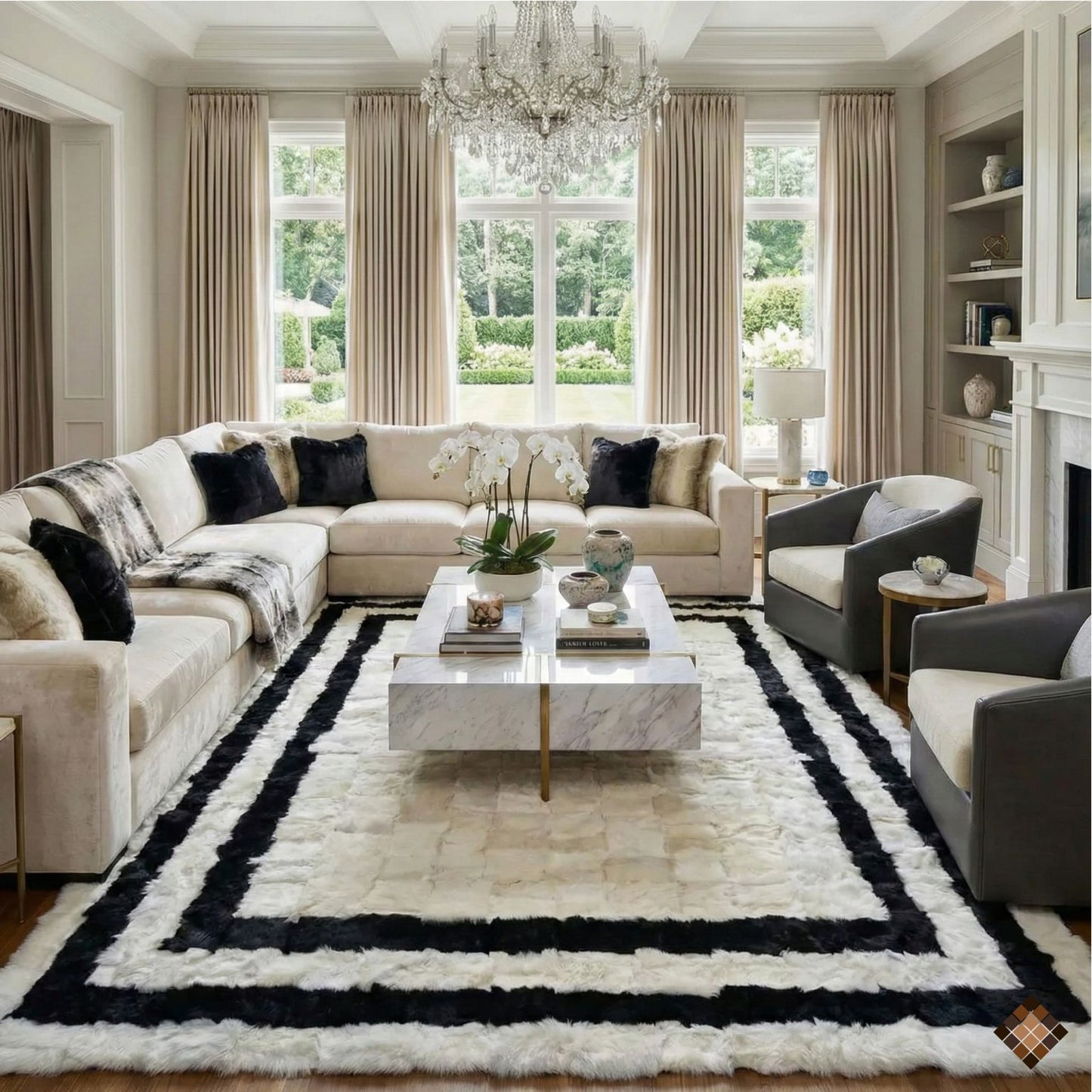 Natural Sheepskin Rug,Modern Handmade Black & White Living Room Accent