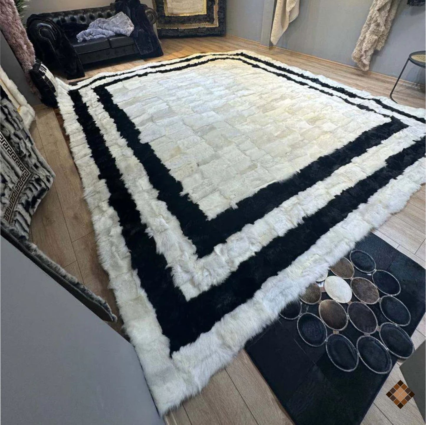 Natural Sheepskin Rug,Modern Handmade Black & White Living Room Accent
