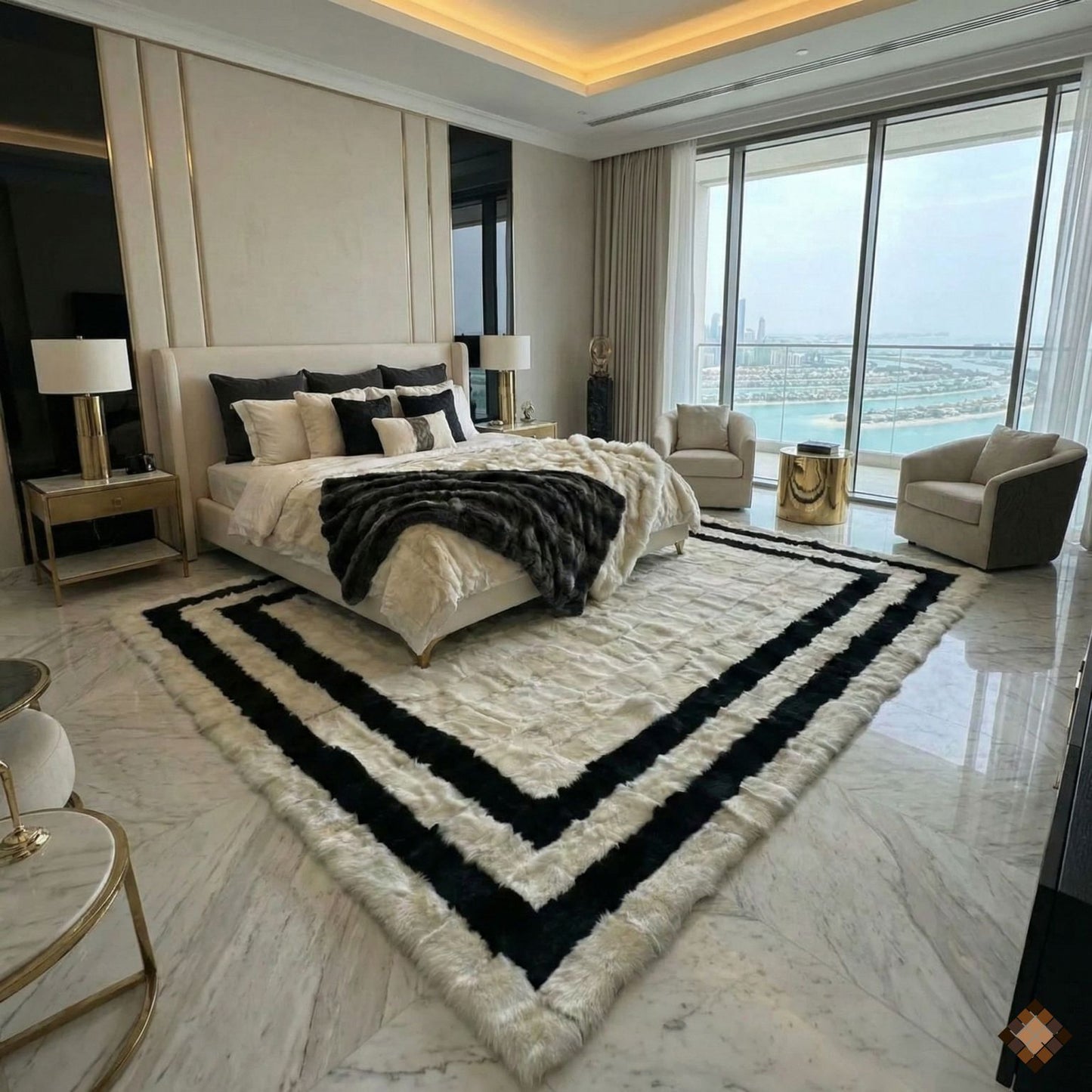 Ivory & Black Handmade Sheepskin Area Rug | Luxury Natural Rug