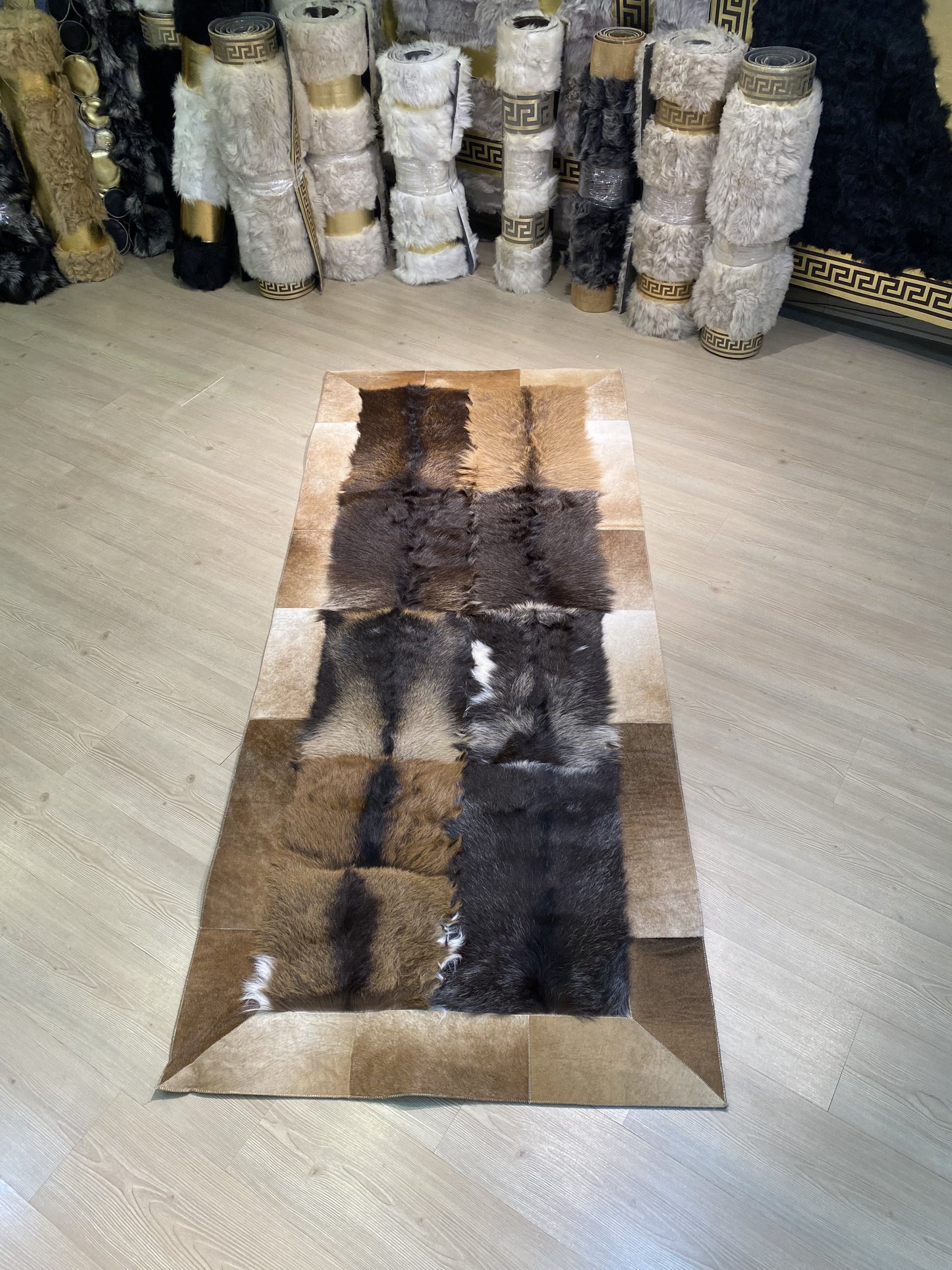 Long-haired Goat Skin Area Rug, Patchwork Goat Hide Rug 8x10