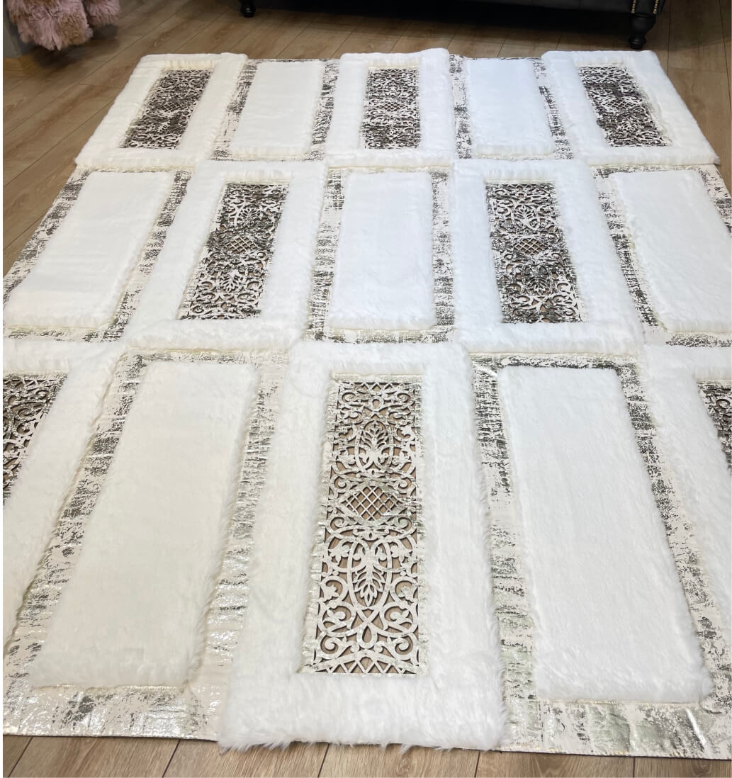 Luxurious White Plush Faux Fur Rug with Silver Pattern, Custom Sizes Available 