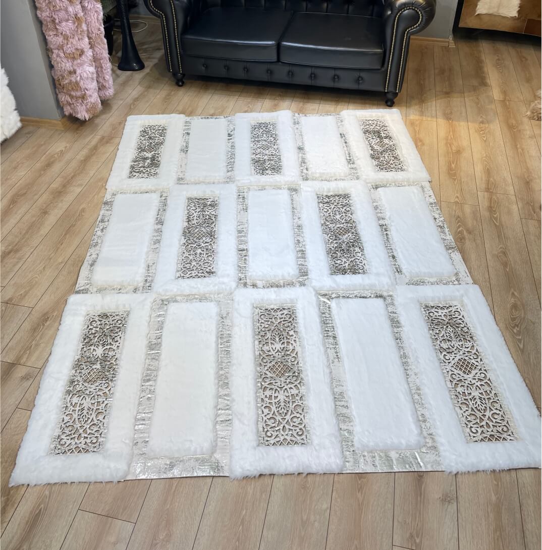 Luxurious White Plush Faux Fur Rug with Silver Pattern, Custom Sizes Available 