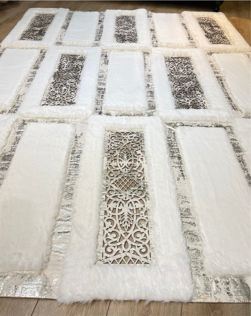 Luxurious White Plush Faux Fur Rug with Silver Pattern, Custom Sizes Available