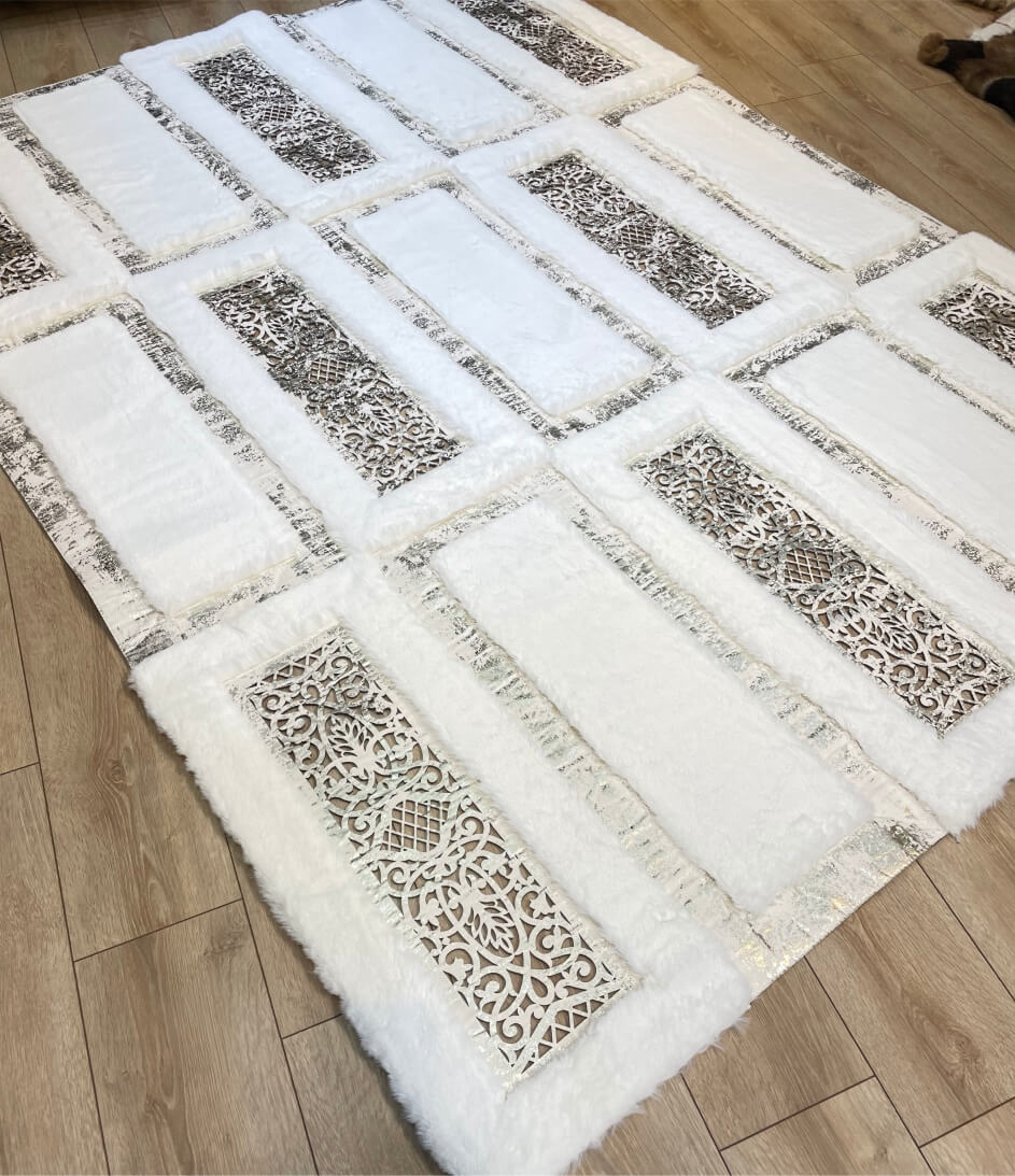 Luxurious White Plush Faux Fur Rug with Silver Pattern, Custom Sizes Available