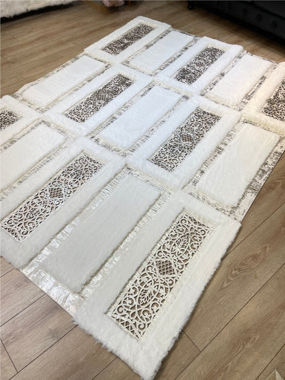 Luxurious White Plush Faux Fur Rug with Silver Pattern, Custom Sizes Available