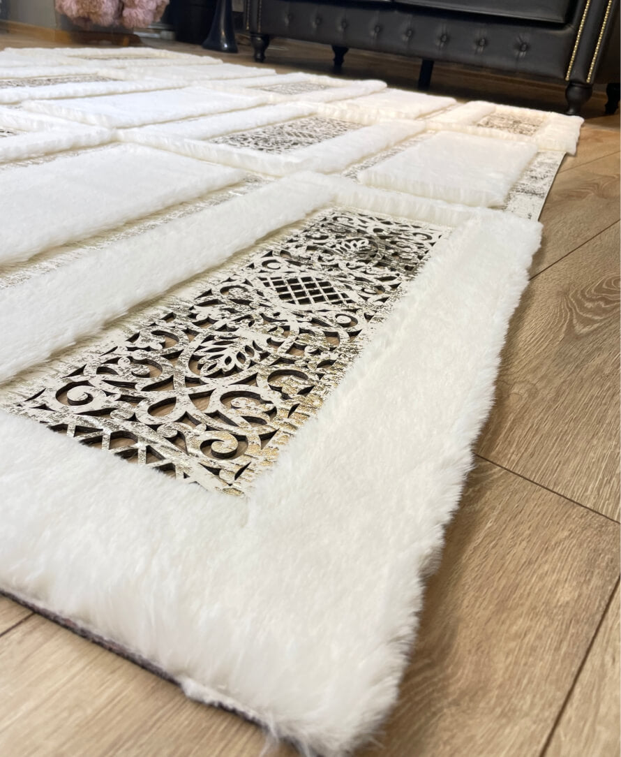 Luxurious White Plush Faux Fur Rug with Silver Pattern, Custom Sizes Available