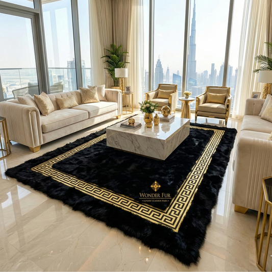 Handmade natural black silver sheepskin large decorative living room rug with gold patterned border