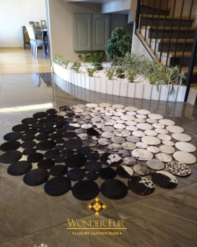 Luxury Black White Real Cowhide Patchwork Rug, Handmade Natural Cow Skin Round Rug