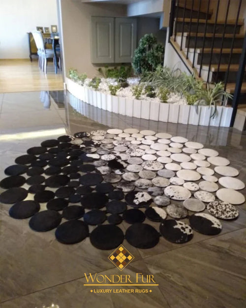 Luxury Black White Real Cowhide Patchwork Rug, Handmade Natural Cow Skin Round Rug