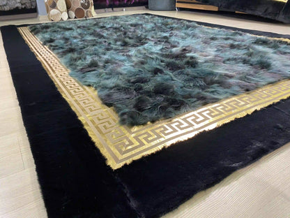 Luxury Blue with Black Border 100% Genuine Fox Fur Area Rug