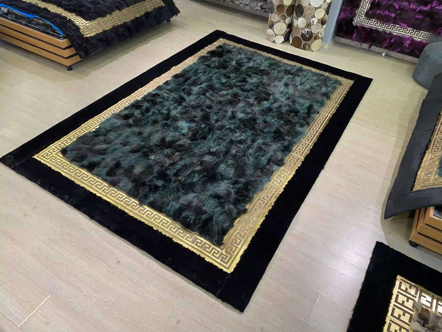 Luxury Blue with Black Border 100% Genuine Fox Fur Area Rug