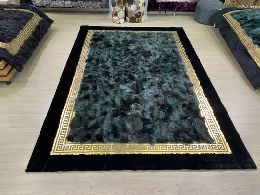 Luxury Blue with Black Border 100% Genuine Fox Fur Area Rug