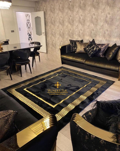 Luxury Elegant Extra Soft Black And Gold Faux Fur Living Room Carpet