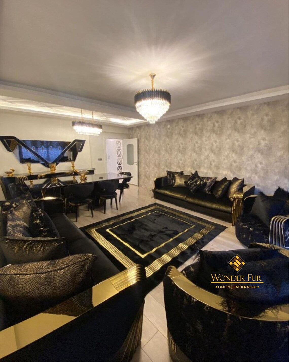 Luxury Elegant Extra Soft Black And Gold Faux Fur Living Room Carpet