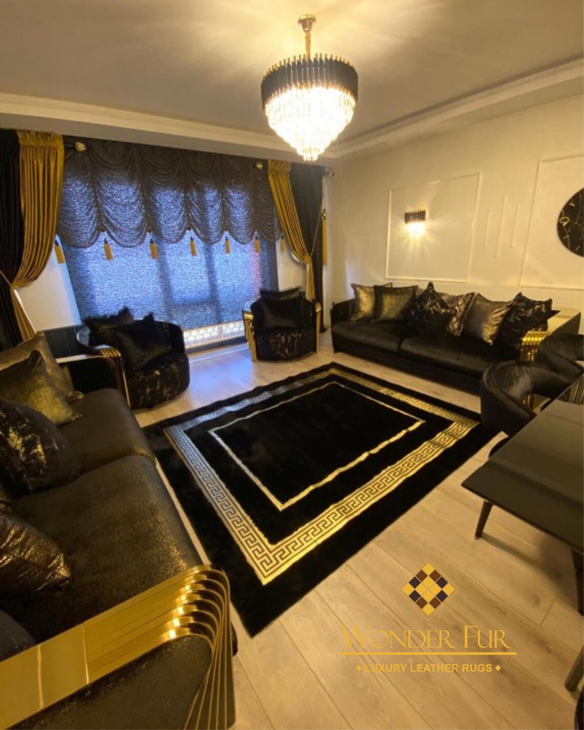 Luxury Elegant Extra Soft Black And Gold Faux Fur Living Room Carpet