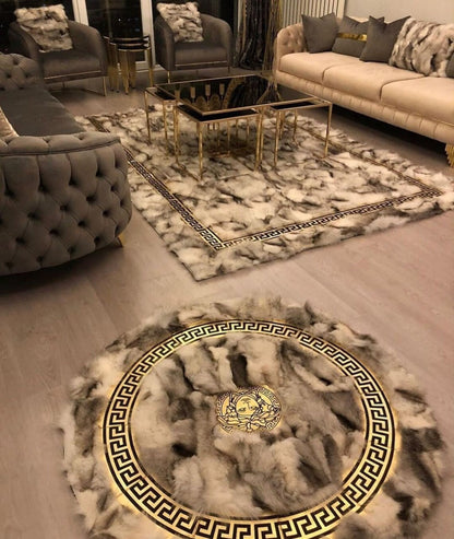 Luxury Geometric White Soft Fox Fur Living Room Rug , Handmade Carpet