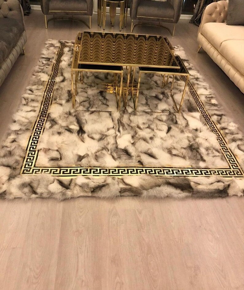 Luxury Geometric White Soft Fox Fur Living Room Rug , Handmade Carpet