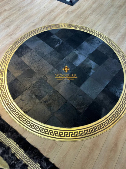 Luxury Gold Black Cowhide Rug, 100% Natural Handmade Cowhide Patchwork Round Rug