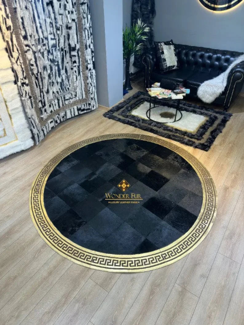 Luxury Gold Black Cowhide Rug, 100% Natural Handmade Cowhide Patchwork Round Rug