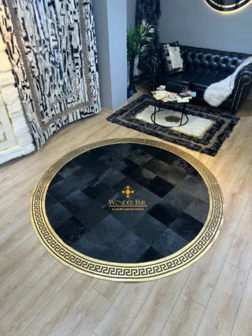 Luxury Gold Black Cowhide Rug, 100% Natural Handmade Cowhide Patchwork Round Rug