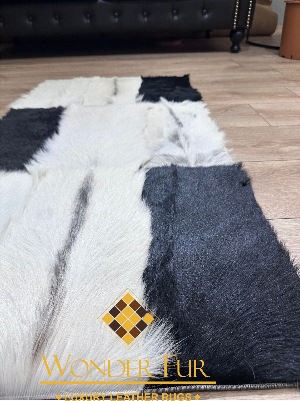 Luxury Handmade Black And White Real Goatskin Area 4x6 Office Soft Rug