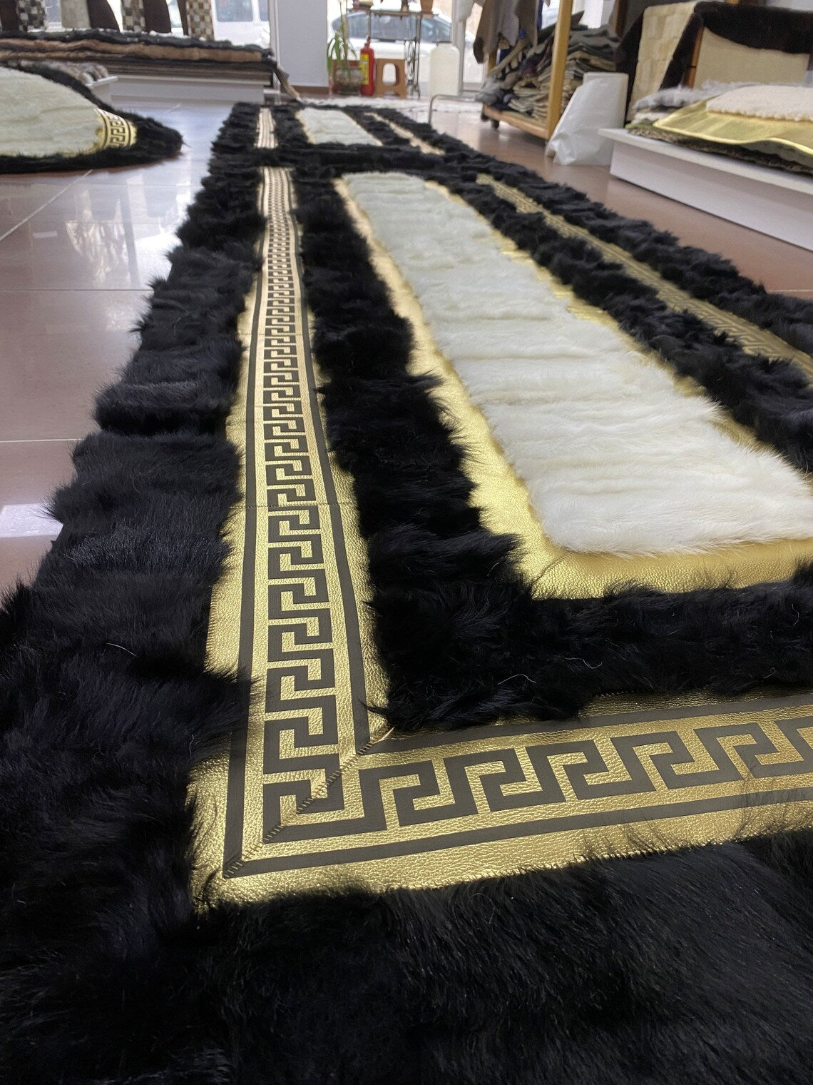 Luxury Handmade Black White Genuine Sheepskin Area Living Room Carpet