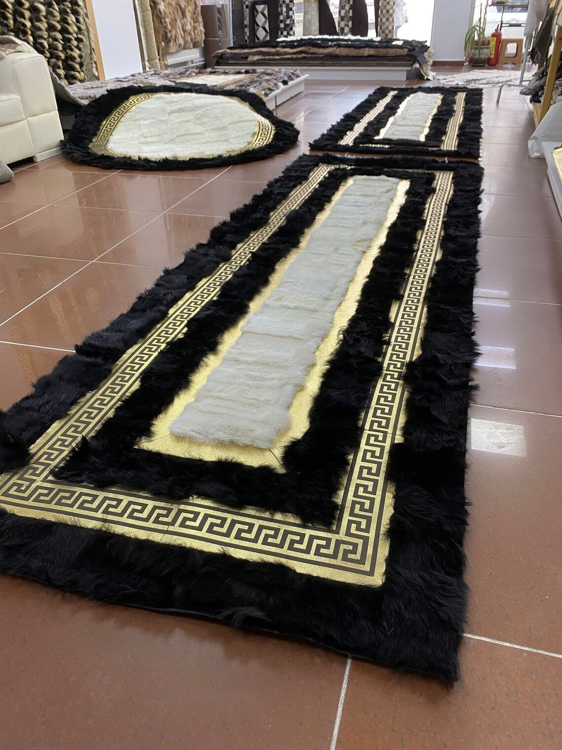 Luxury Handmade Black White Genuine Sheepskin Area Living Room Carpet