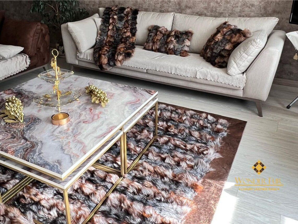 Luxury Handmade Brown And Black Fox Fur Living Room Rug, 8x10 Soft Rug