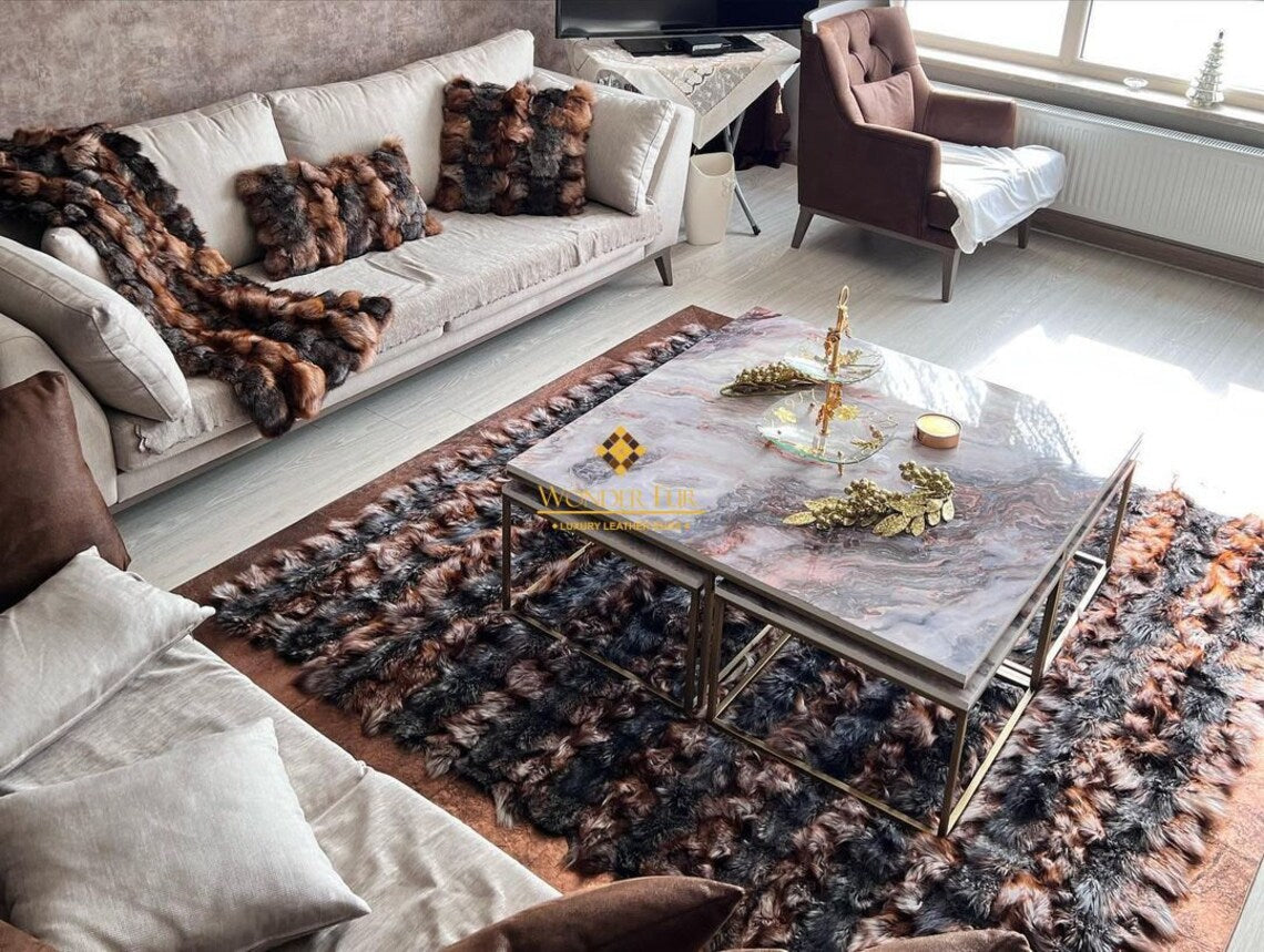 Luxury Handmade Brown And Black Fox Fur Living Room Rug, 8x10 Soft Rug