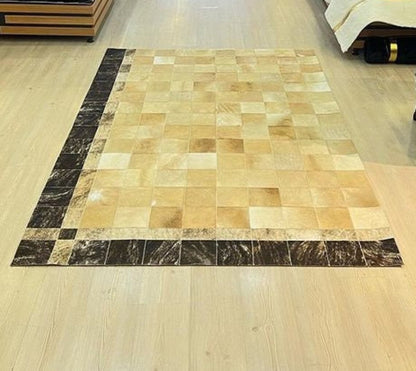 Luxury Handmade Cream And Black Cowhide Rug , 6x8 Bedroom Leather Rug