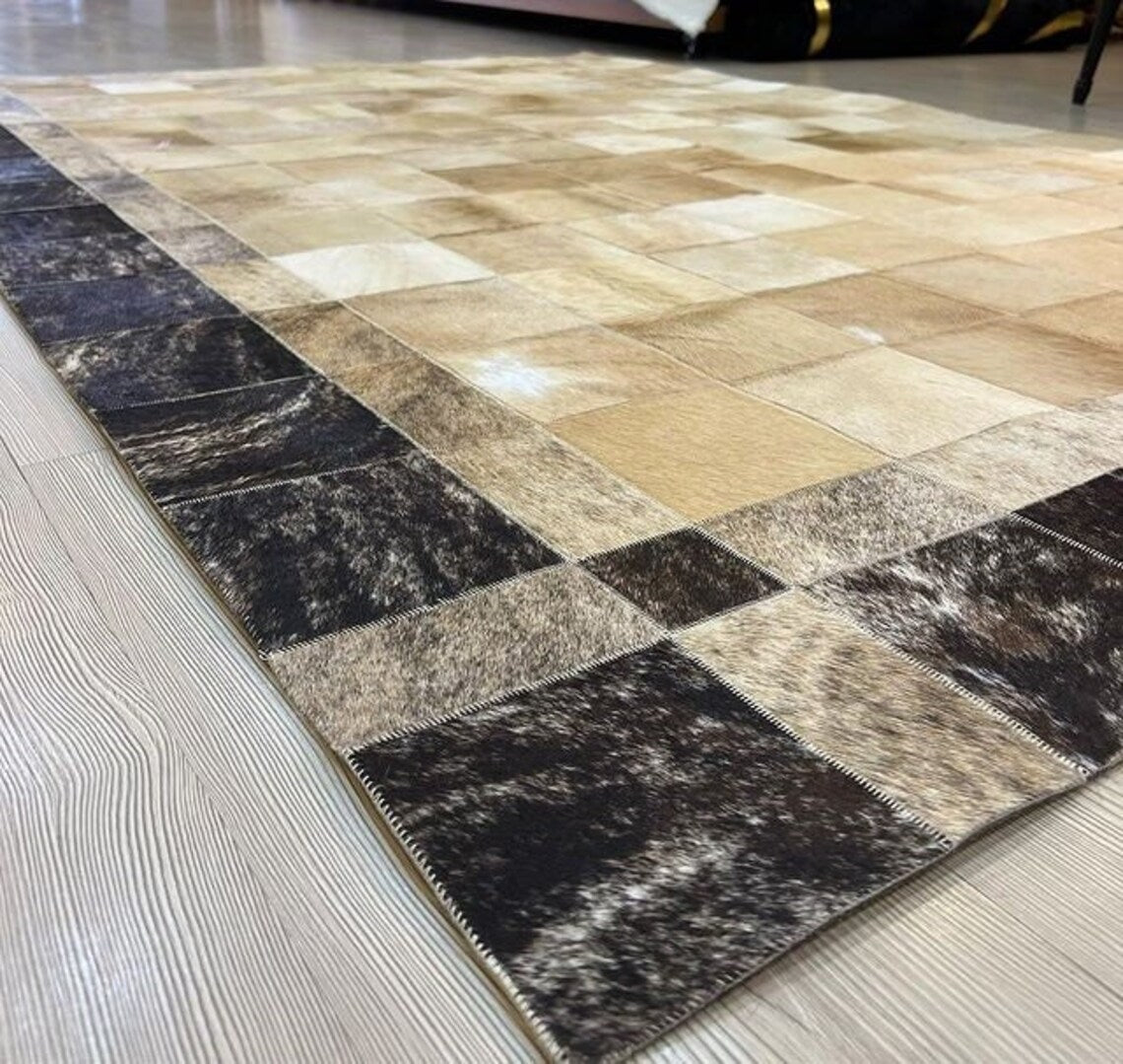 Luxury Handmade Cream And Black Cowhide Rug , 6x8 Bedroom Leather Rug