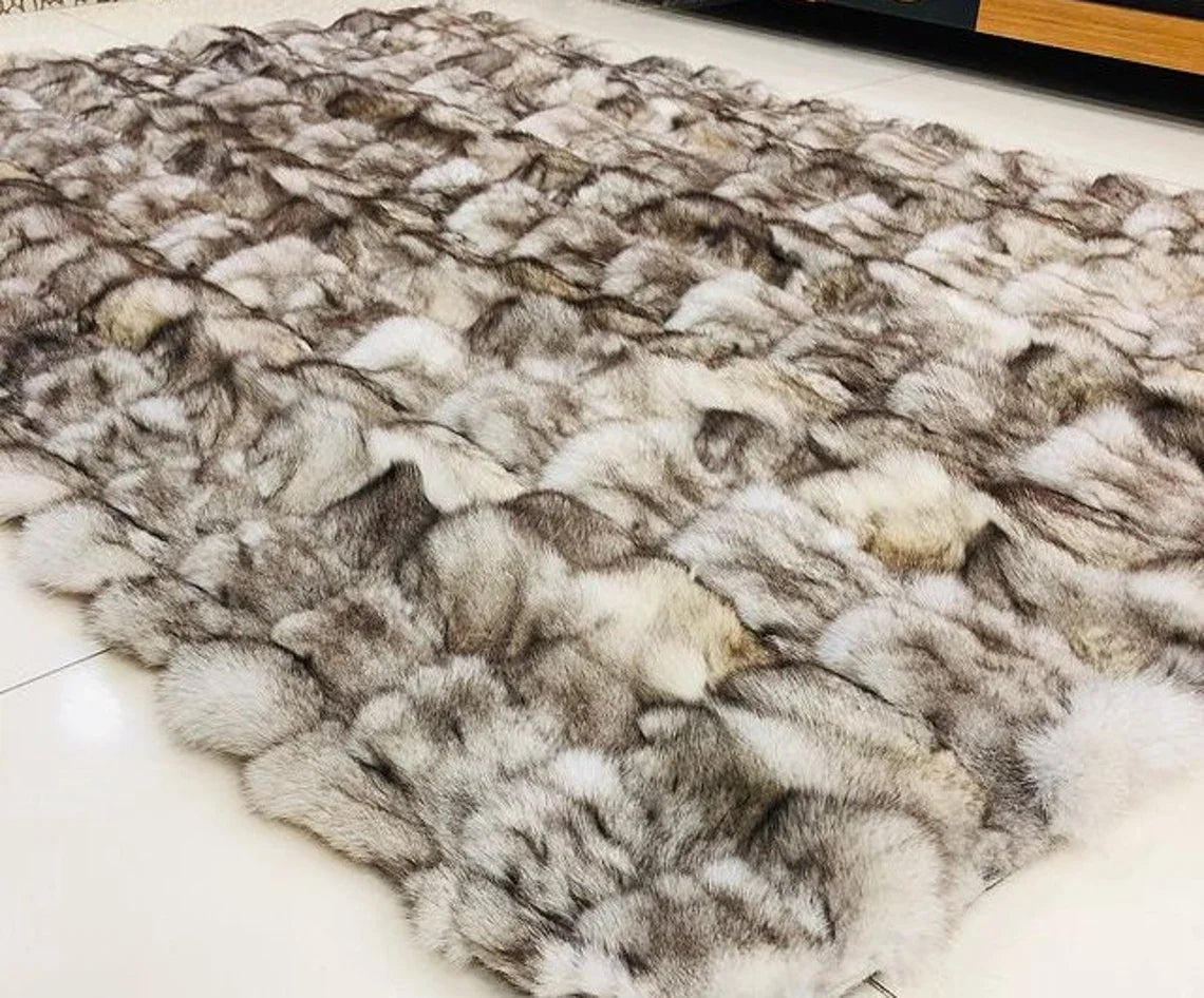 Luxury Handmade Gray And White Natural Fox Fur Living Room Soft Carpet