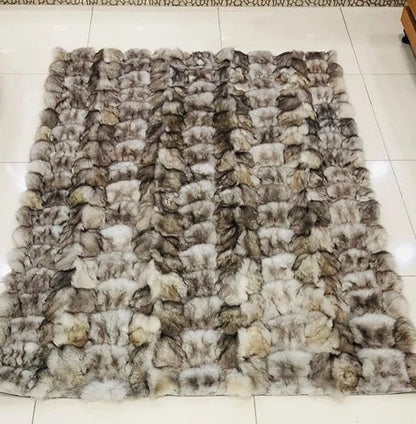 Luxury Handmade Gray And White Natural Fox Fur Living Room Soft Carpet