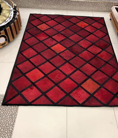 Luxury Handmade Red And Black Natural Cowhide Leather Office Area Rug