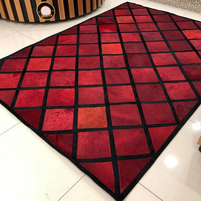 Luxury Handmade Red And Black Natural Cowhide Leather Office Area Rug