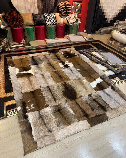 Luxury Handmade Soft Brown Goatskin Large Living Room Rug,Non Slip Rug