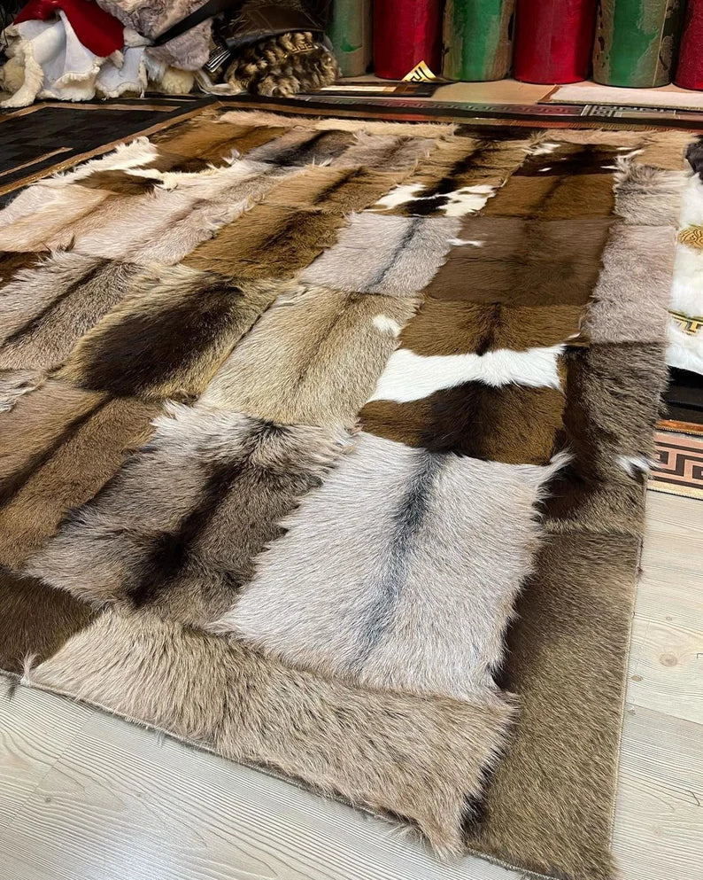 Luxury Handmade Soft Brown Goatskin Large Living Room Rug,Non Slip Rug