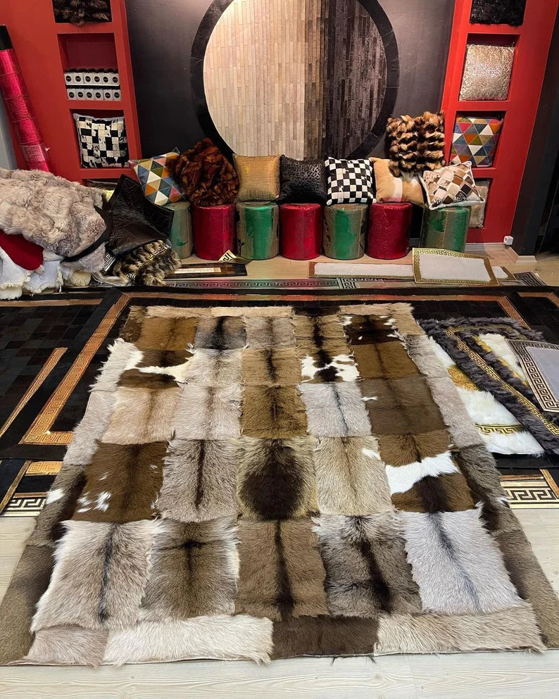 Luxury Handmade Soft Brown Goatskin Large Living Room Rug,Non Slip Rug