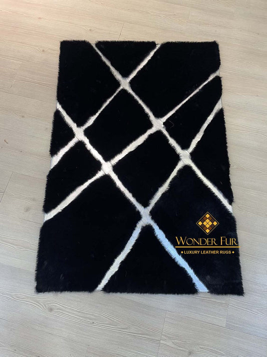 Luxury Modern Black And Gold Faux Fur Living Room Rug , Handmade Rug