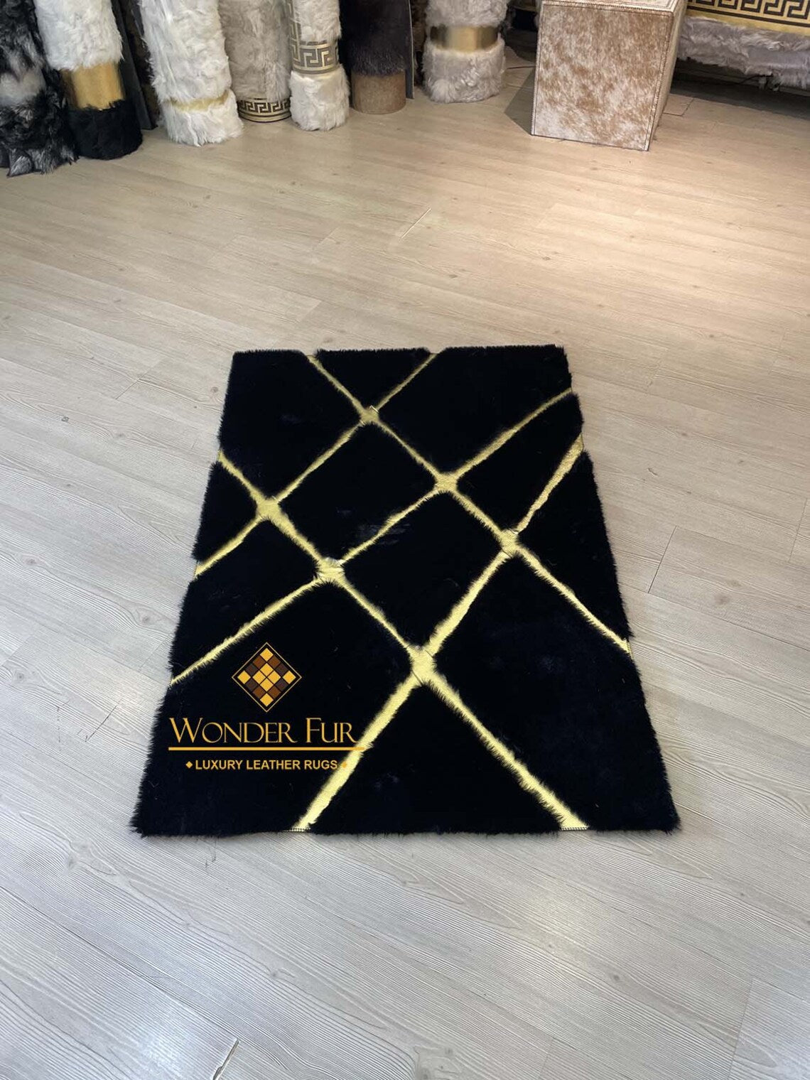 Luxury Modern Black And Gold Faux Fur Living Room Rug , Handmade Rug