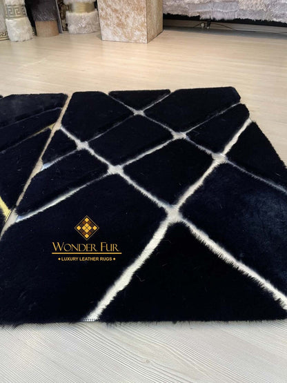 Luxury Modern Black And Gold Faux Fur Living Room Rug , Handmade Rug