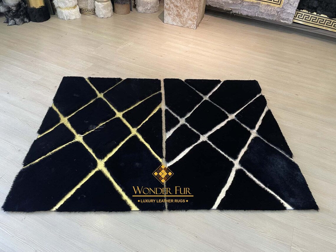 Luxury Modern Black And Gold Faux Fur Living Room Rug , Handmade Rug