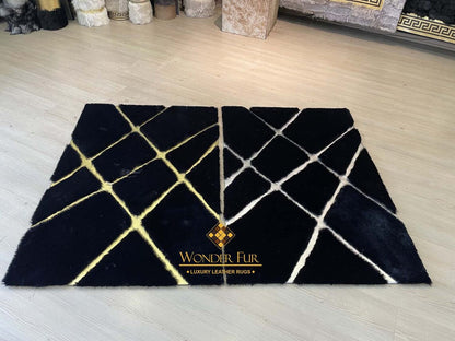 Luxury Modern Black And Gold Faux Fur Living Room Rug , Handmade Rug