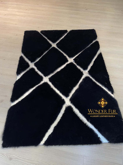 Luxury Modern Black And Gold Faux Fur Living Room Rug , Handmade Rug