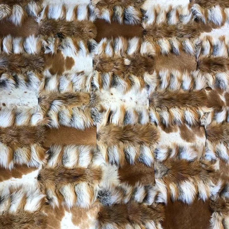 Luxury Natural Brown And White Fox Fur Bedroom Rug , Shaggy Soft Rug