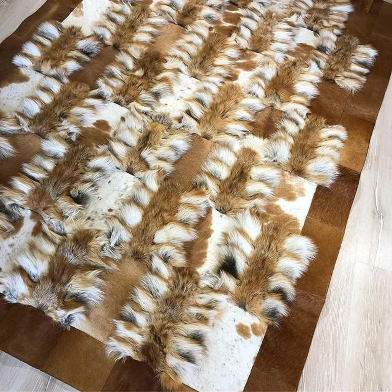 Luxury Natural Brown And White Fox Fur Bedroom Rug , Shaggy Soft Rug