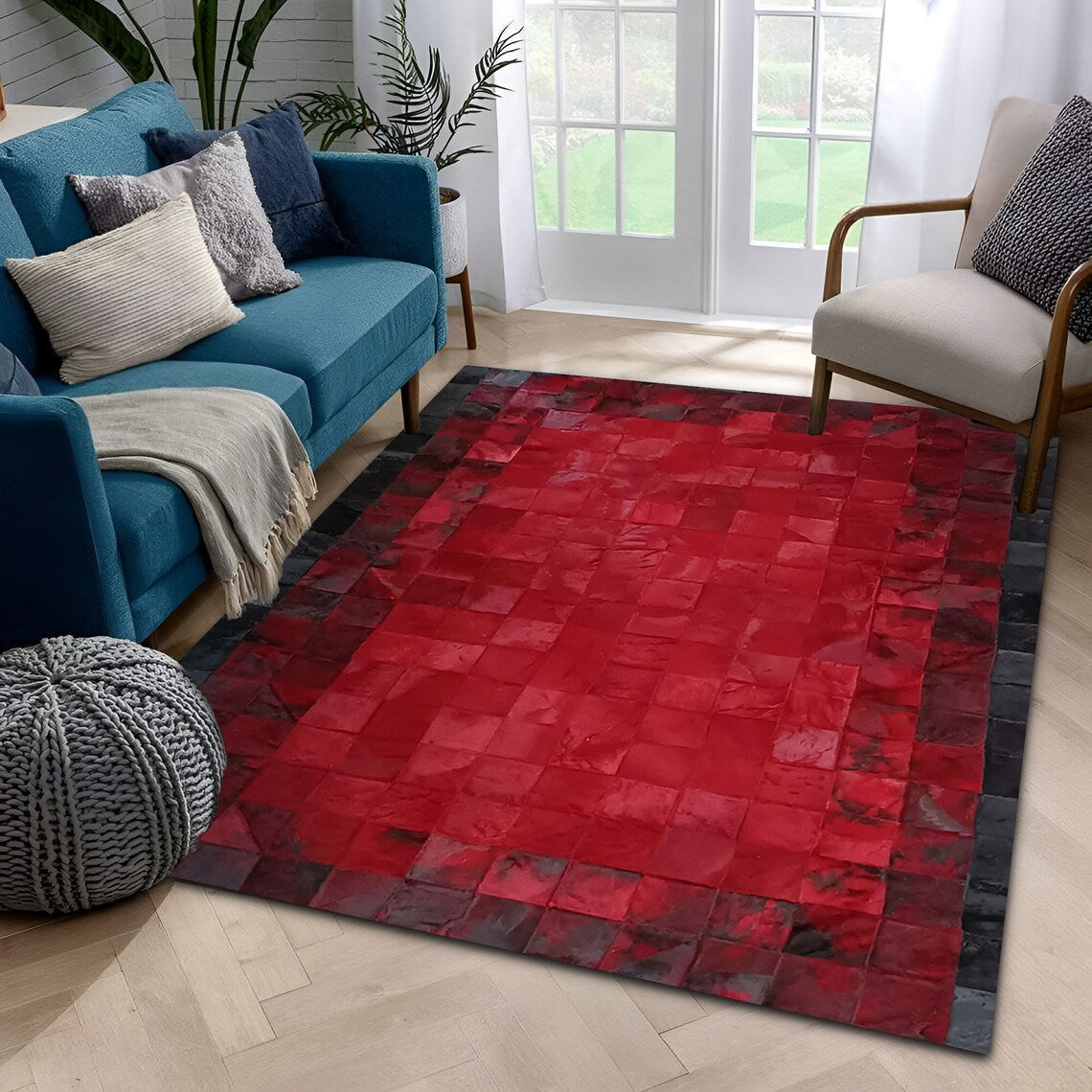 Luxury Red Black Handmade Original Cowhide Leather Living Room Rug