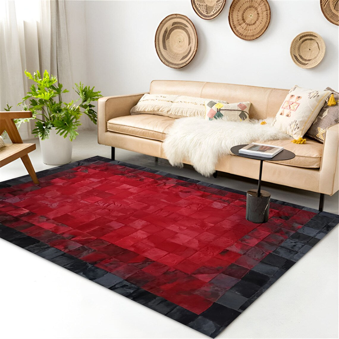 Luxury Red Black Handmade Original Cowhide Leather Living Room Rug