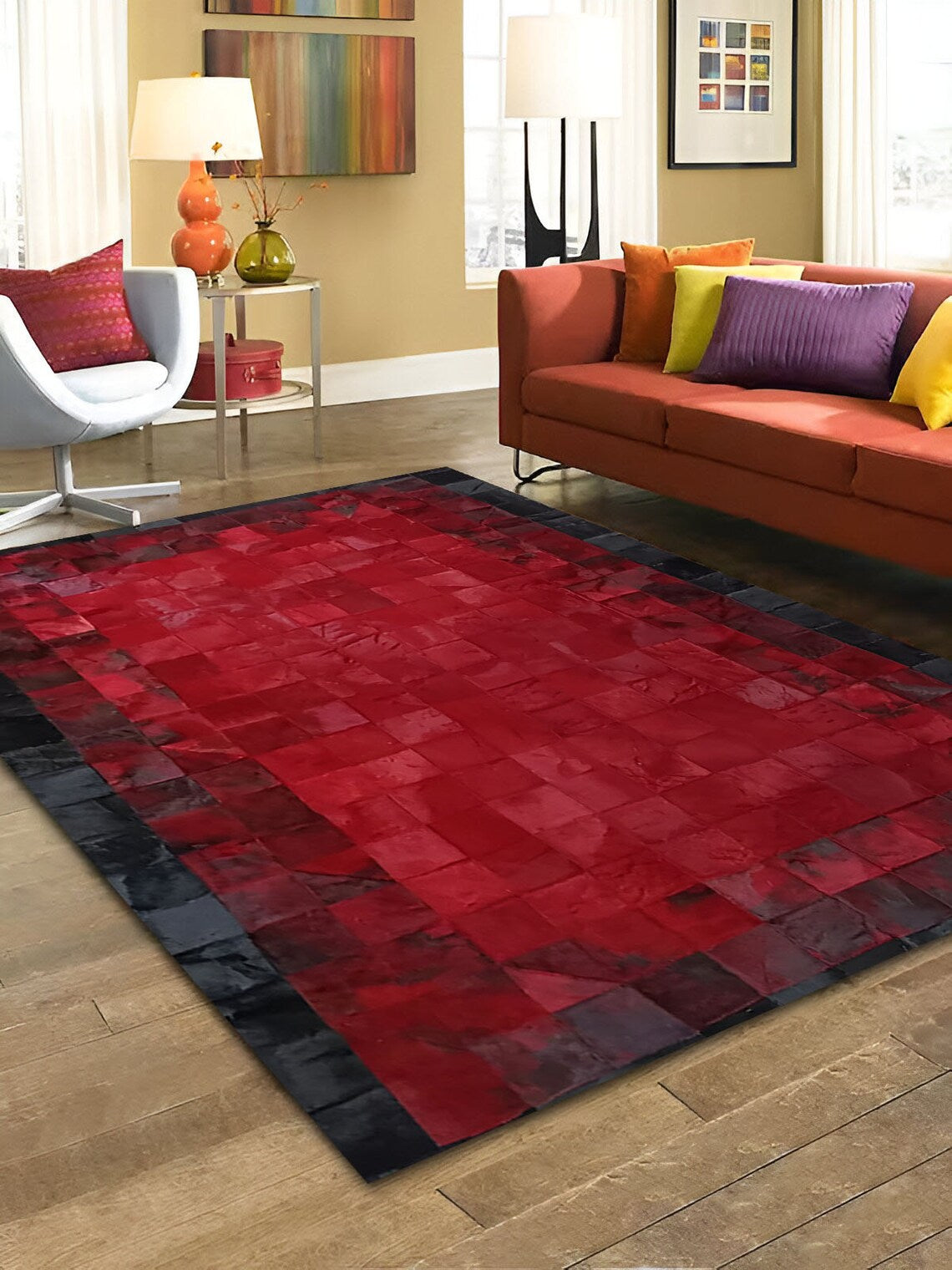 Luxury Red Black Handmade Original Cowhide Leather Living Room Rug