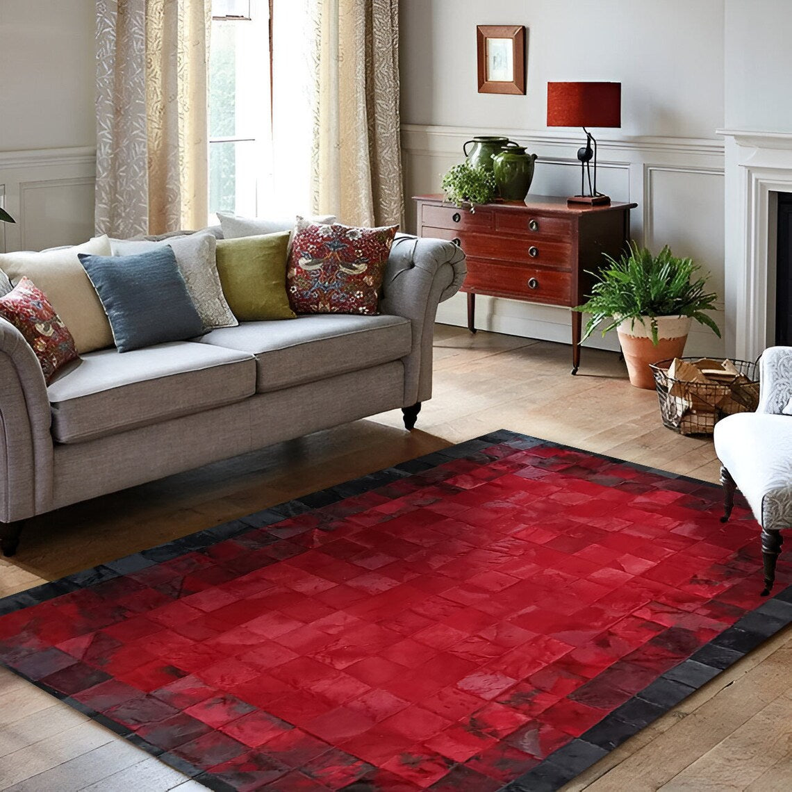 Luxury Red Black Handmade Original Cowhide Leather Living Room Rug